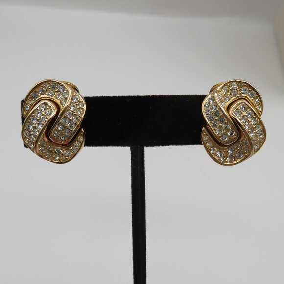 Dior Jewelry - Christian Dior Vintage Crystal Pave Knot Gold Tone Clip On Earrings